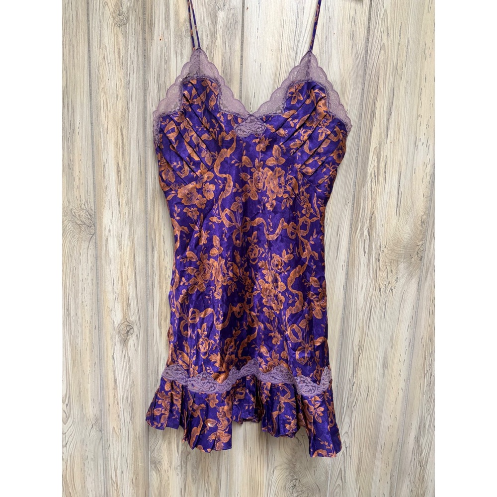 Vintage Purple Orange Floral Satin Lace Trim Ruffle Hem Slip Dress Nightgown